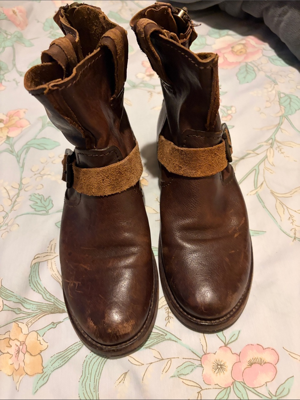 Frye Brown Leather Ankle Boots with Suede Strap